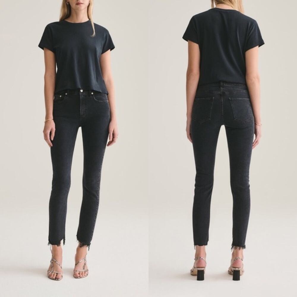 AGOLDE Toni Mid Rise Straight Jeans in Feral Black Distressed Raw Hem Size 24